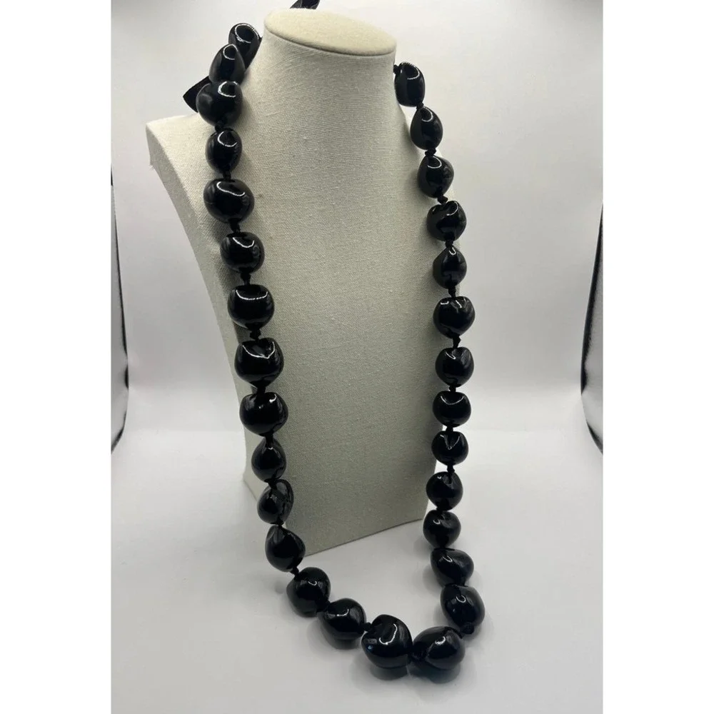 Kukui Nut Lei Necklace Black Polished Ribbon Tie Island Lightweight‎ Hawaiian